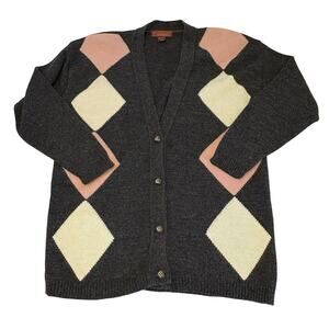 Vintage Worthington Argyle Cardigan Sweater Women's M | Gray Pink White V-Neck